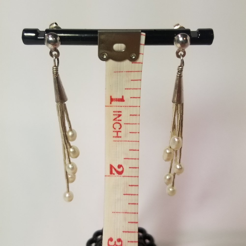 Vtg STERLING SILVER DANGLE PEARLS STUD EARRING - Picture 6 of 8